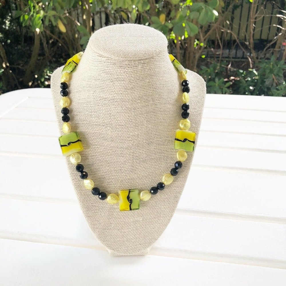 New Genuine Murano Glass, Pearl, Onyx & Czech Glass Beaded Necklace Yellow